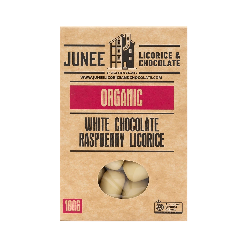 Junee Organic White Chocolate Raspberry Licorice - 180g