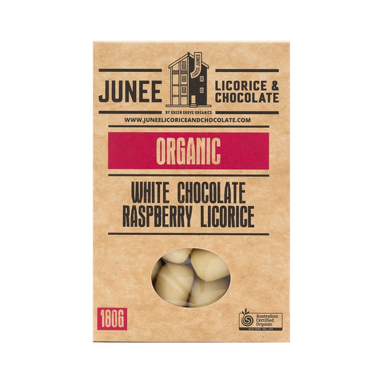 Junee Organic White Chocolate Raspberry Licorice - 180g